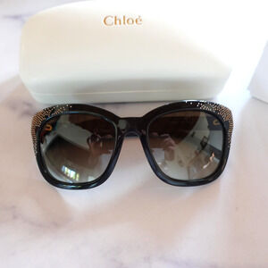 Chloe Sunglasses Womens Black Butterfly‎ Studded Cat Oversized Italy CE626S 001